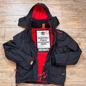 Superdry Original Windcheater Jacket Mens Medium Black Red Fleece Hooded